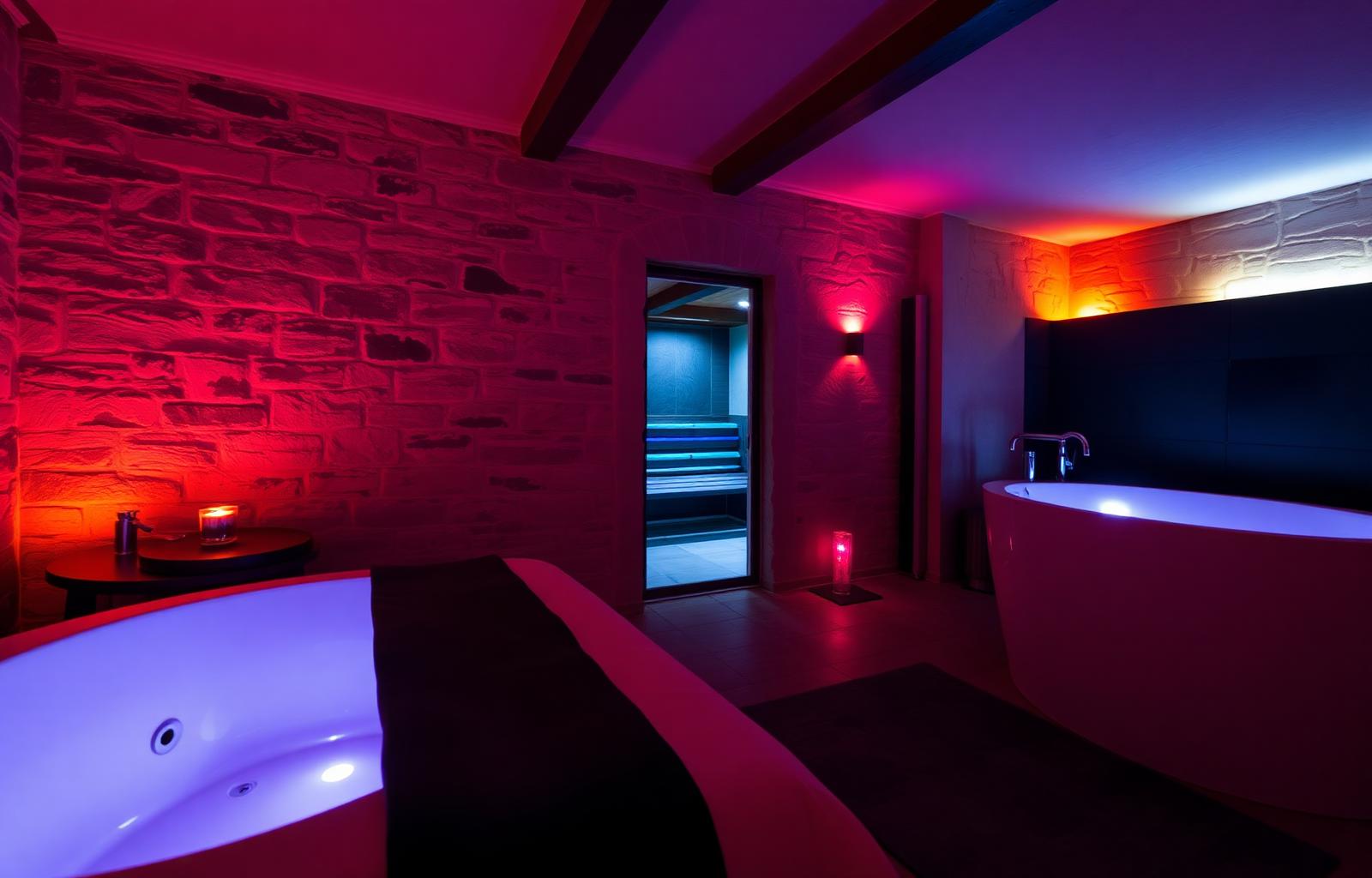 Suite love room avec sauna, jacuzzi et ambiance lumineuse tamisée